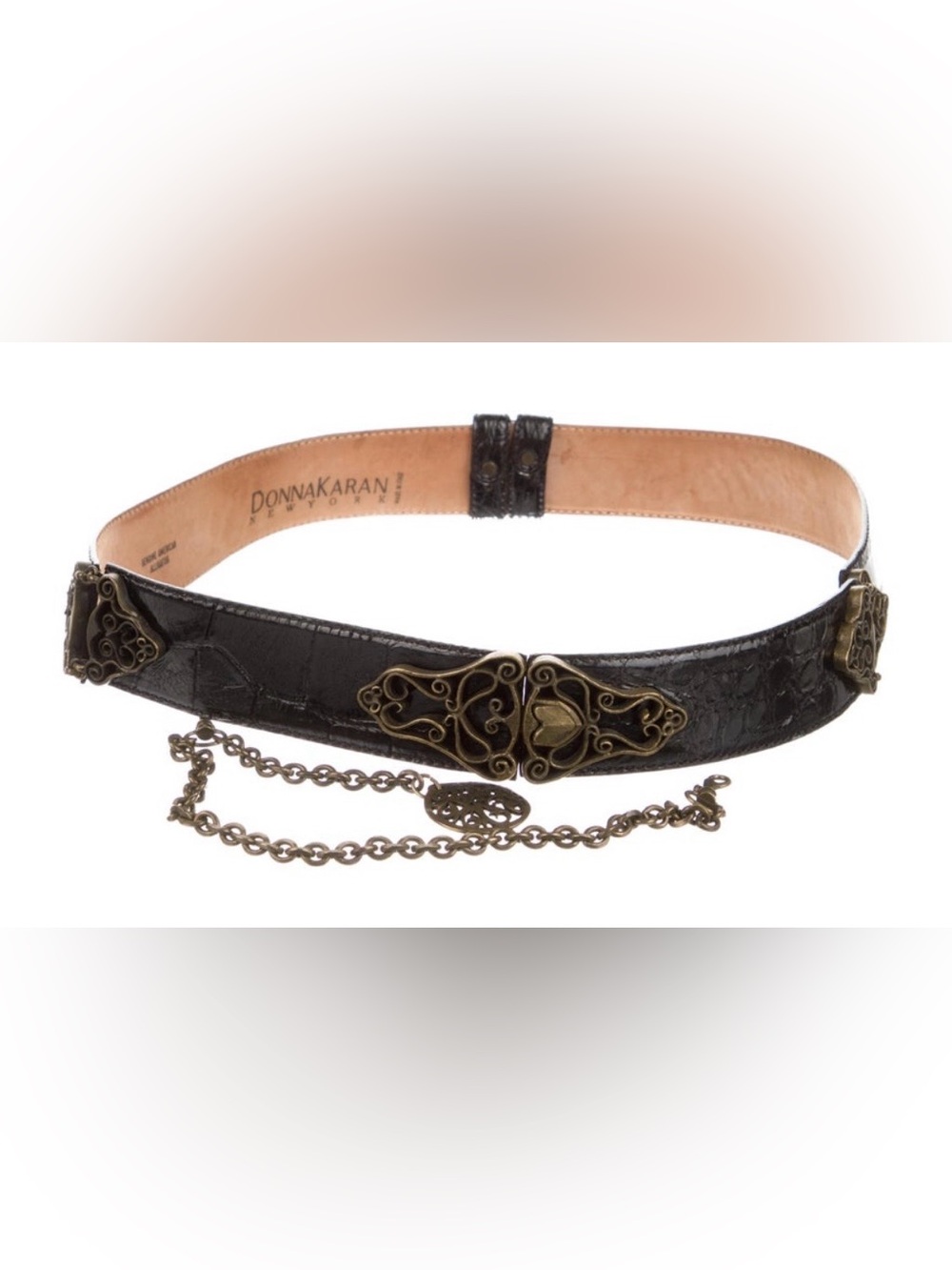 Donna Karan Black Alligator Leather Belt with Brass Filigree Buckle & Chain XL